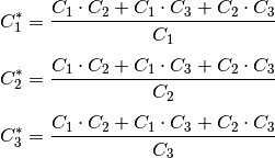 C_1^{*} &= \frac{C_1 \cdot C_2 + C_1 \cdot C_3 + C_2 \cdot C_3}{C_1}  \\[4pt]  C_2^{*} &= \frac{C_1 \cdot C_2 + C_1 \cdot C_3 + C_2 \cdot C_3}{C_2}  \\[4pt]  C_3^{*} &= \frac{C_1 \cdot C_2 + C_1 \cdot C_3 + C_2 \cdot C_3}{C_3}